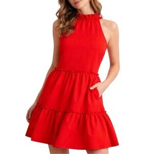 Anthro Elliatt Sonnet Red Tiered Swing Dress Mock Neck Ruffle Event Party S